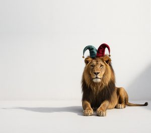 Menügild Löwe mit Narrenkappe